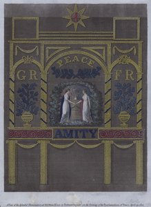 Utsikt over den fantastiske belysningen ved M Ottos hus på Portman Square, London, om kvelden fredserklæringen, 29. april 1802 (farget gravering) av English School