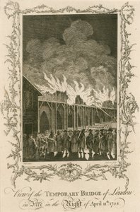 Utsikt over den midlertidige broen i London i brann natt til 11. april 1758 av English School