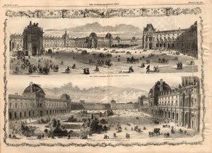 Utsikt over Cour Carree du Louvre i Paris. Gravering i "The illustrated London News"" av 15. august 1857. av English School
