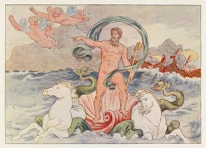 Virgils Aeneid: Neptun stiller the Waves (farge litho) av English School