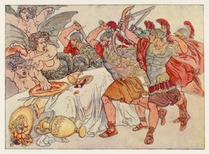 Virgils Aeneid: The Harpies (farge litho) av English School