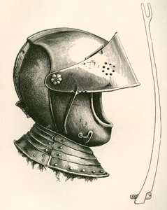 Visirhjelm fra ca. 1643. Stykket på siden er visirstøtten, i full størrelse, som brukes til å holde visiret i forskjellige vinkler i henhold til hakket som brukes, fra The British Army: Its Origins, Progress and Equipment, publisert 1868. av English School