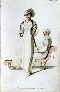 Gå- og morgenkjole, moteplate fra Ackermanns Repository of Arts (farget gravering) av English School