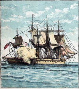 Krigen i 1812 mellom USA og Storbritannia: Chesapeake-fregatten under sjøslaget mot den britiske fregatten "" Shannon"" 01.06.1813 utenfor Boston. "Chesapeake og Shannon" av English School