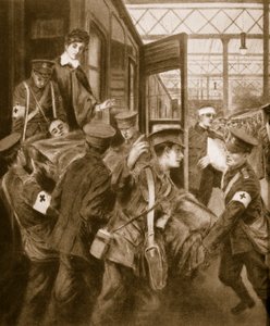 Krigsskadde ankom en togterminal i London, 1914-19 av English School