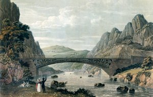 Waterloo Bridge over elven Conwy, Wales (fargegravering) av English School