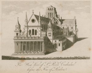 Vestutsikt over St Pauls Cathedral, før den store brannen i London av English School