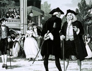 William Hogarth tar en spasertur i Vauxhall Gardens (gouache på papir) av English School