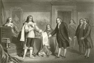 William Penn mottok Charter of Pennsylvania fra Charles II av English School