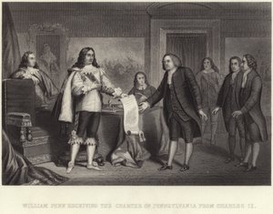 William Penn mottok Charter of Pennsylvania fra Charles II av English School