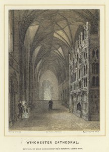 Winchester Cathedral, sørgang i koret som viser Bishop Foxs Monument, med utsikt mot vest av English School