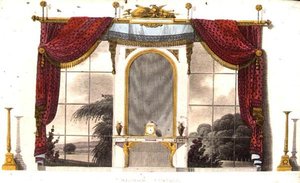 Window Curtain for a Boudoir, plate 3 fra Ackermanns Repository of Arts, utgitt 1809 (farge litho) av English School