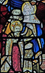Window Ew som viser St Anne, Joachim, Jomfru Maria og Kristusbarnet av English School
