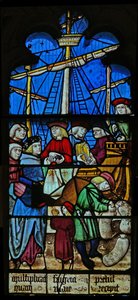 Window SaEw som viser en scene fra en legende om St Nicholas: kornskipene losser ved Myra av English School