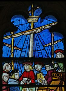 Window SaEw som viser en scene fra en legende om St Nicholas: kornskipene losser ved Myra av English School
