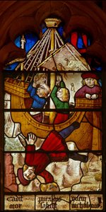 Window SaEw som viser en scene fra en legende om St. Nicholas: guttens mirakel og koppen: gutten som er betrodd en Golden Cup, faller i havet på vei til Bari. av English School