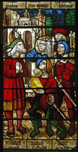 Fenster SaEw, Szene aus einer Legende des Heiligen Nikolaus: Diebe geben den gestohlenen Schatz zurück