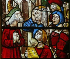 Window SaEw som viser en scene fra en legende om St. Nicholas: tyver returnerer skatten de stjal til den rike mannen av English School