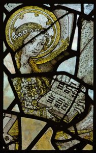 Vindu som viser St. Anne som lærer jomfruen å lese - detalj av jomfru Maria (farget glass) av English School