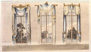 Vindusgardiner, plate 112 fra Ackermanns Repository of Arts, utgitt 1820 (farge litho) av English School