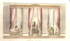 Vindusdraperi, plate 114 fra Ackermanns Repository of Arts, utgitt 1820 (farge litho) av English School