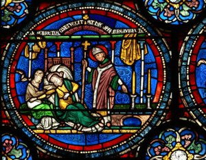 Vindu n4 som viser en scene fra et St Thomas Becket Miracle-vindu: Julia Puintel fikk beskjed om å gå til graven av English School