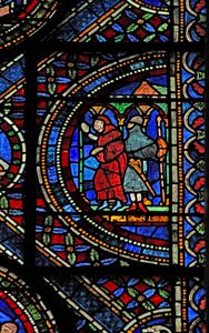 Vindu n7 som viser en scene fra livet til St Thomas Becket: en væpnet ridder og en munk av English School