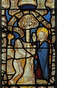 Fenster Nr. 1 zeigt Gott, Adam, den Baum der Erkenntnis von English School