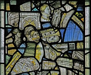 Window s3 som viser detaljer inkluderer trompetister, fragmenter fra en korsfestelsesscene, hoder og arkitektoniske detaljer av English School