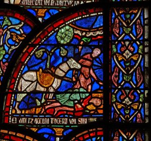 Windows 7 som viser en scene fra et St Thomas Becket Miracle-vindu: William av Gloucester er begravet, men stemmen hans blir hørt av English School
