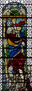 Vindu w36 som viser St Christopher - en hybridfigur av fransk C16 og engelsk C15 glass satt sammen i 1956 av English School