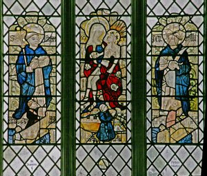 Vindu w4 som viser Pietaen med St Dominic og St Peter Martyr: små donorfigurer av English School