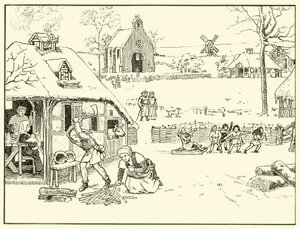 Vinterscene i en landsby. 14th Cent (blekk på papir) av English School