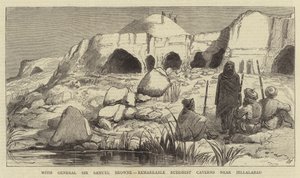 Med general Sir Samuel Browne, bemerkelsesverdige buddhistiske huler nær Jellalabad (gravering) av English School