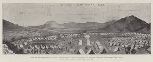 Med Tirah Expeditionary Force, fugleperspektiv av brigadegeneral Ian Hamiltons brigade, Barkai Camp, Bara Valley (litho) av English School
