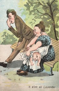 Kvinne skifter baby i parken (farge litho) av English School