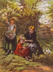 Kvinne som pynter en jentes hår med blomster (fargelitografi) av English School