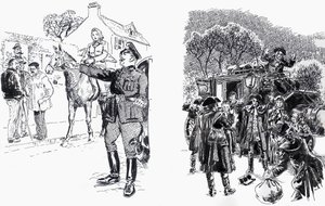 Frau auf Pferd mit Offizier und Straßenräuber