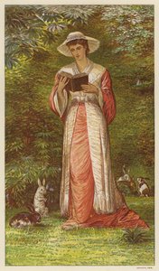 Kvinne leser en bok i en hage med kaniner (farge litho) av English School