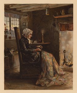 Kvinne som syr et lappeteppe (chromolitho) av English School