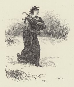 Kvinne med baby i snø (gravering) av English School