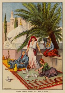 Kvinner som mater duer på et tak i Tunis (fargelitografi) av English School