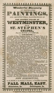 Fantastisk oppdagelse av opplyste malerier og arkitektoniske illustrasjoner av det gamle palasset i Westminster og St Stephens Chapel, nå House of Commons av English School