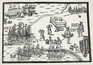 Tresnitt som illustrerer vinhandelen mellom Bordeaux og England av English School