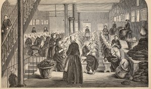 Arbeidsrom, på Silent System, ved House of Correction, Tothill Fields, illustrasjon fra The Criminal Prisons of London og Scenes from Prison Life av Henry Mayhew og John Binny, pub. 1862 (eng av English School