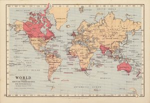 Verden som viser britiske besittelser og avhengigheter (fargelitografi) av English School