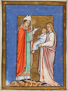 Yates Thompson 26 f.62v St. Cuthbert Healing a Child with the Plague, illustrasjon fra 