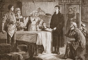 Unge Calvin forklarer Bibelen for en familie i Bourges, illustrasjon fra The History of Protestantism av James Aitken Wylie (1808-1890), pub. 1878 av English School