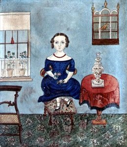 Ung jente danser på en stol i et interiør, ca. 1840 (akvarell på papir) av English School