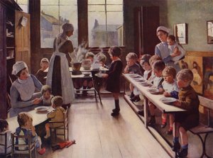 Små barn ved måltid i en barnehage (farge litho) av English School